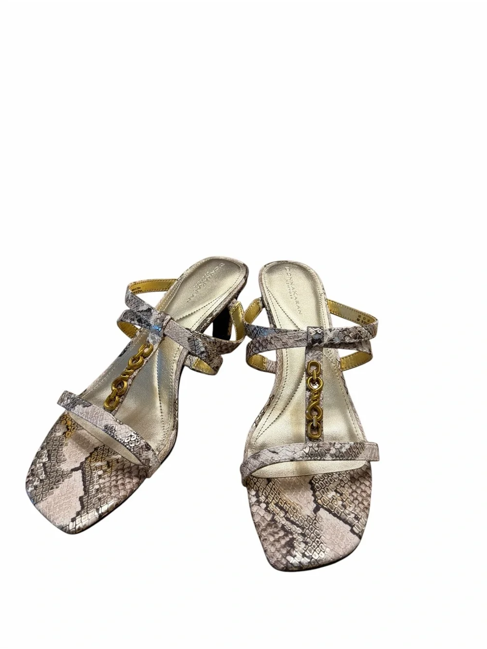 Donna Karan NY Snake Print Leather Gold Chain Mule Heels Sandals Size 8 NWOB